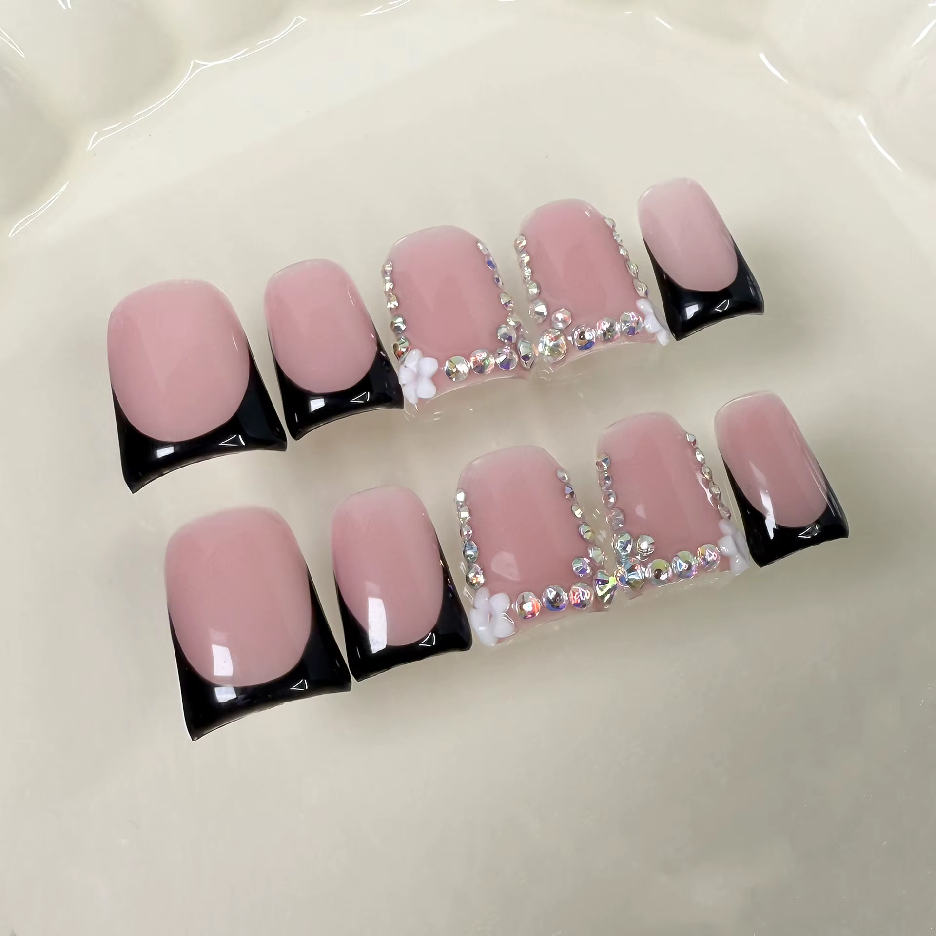 10 pièces court bec de canard fait à la main faux ongles Art Simple noir français faux ongles avec d