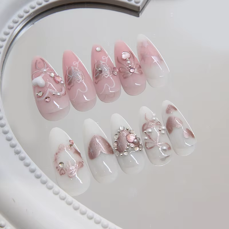 Patchs pour faux ongles, 24 pièces, pointes détachables avec nœuds papillon, amour, cœur, perle, Des