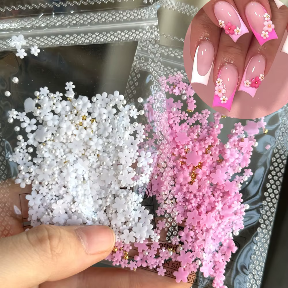 500 pièces + rose blanc 3D acrylique fleurs Nail Art breloques résine cinq pétales fleur ongles stra