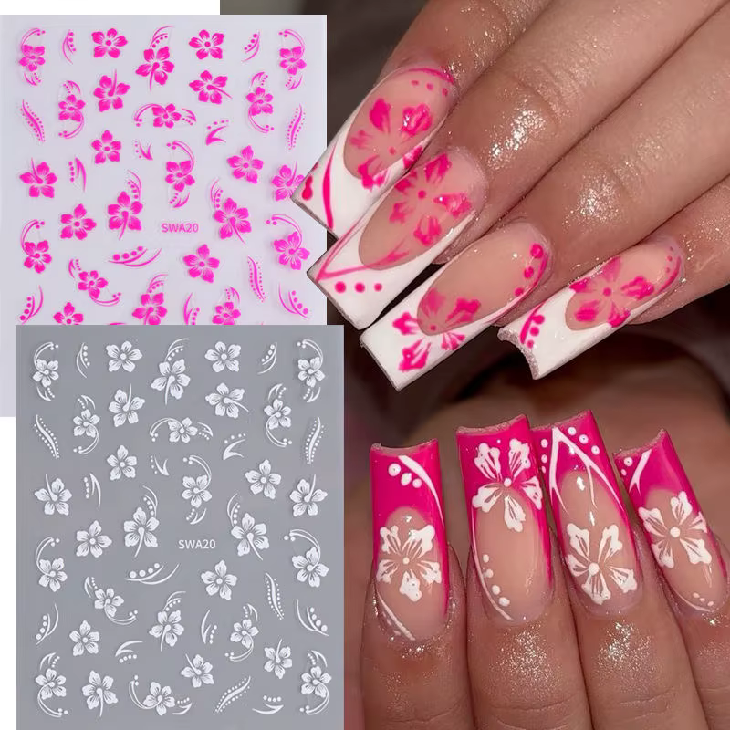 Autocollant en relief pour ongles, fleur d'hibiscus 5D, acrylique, rose, blanc, feuille de pétale d'
