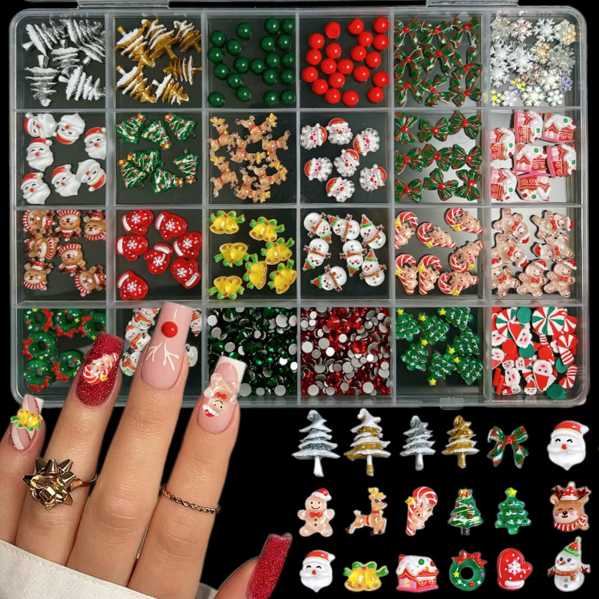 1 boîte 3D Adorable père noël élan cloche ongles breloques créatif arbre de noël flocon de neige Nai
