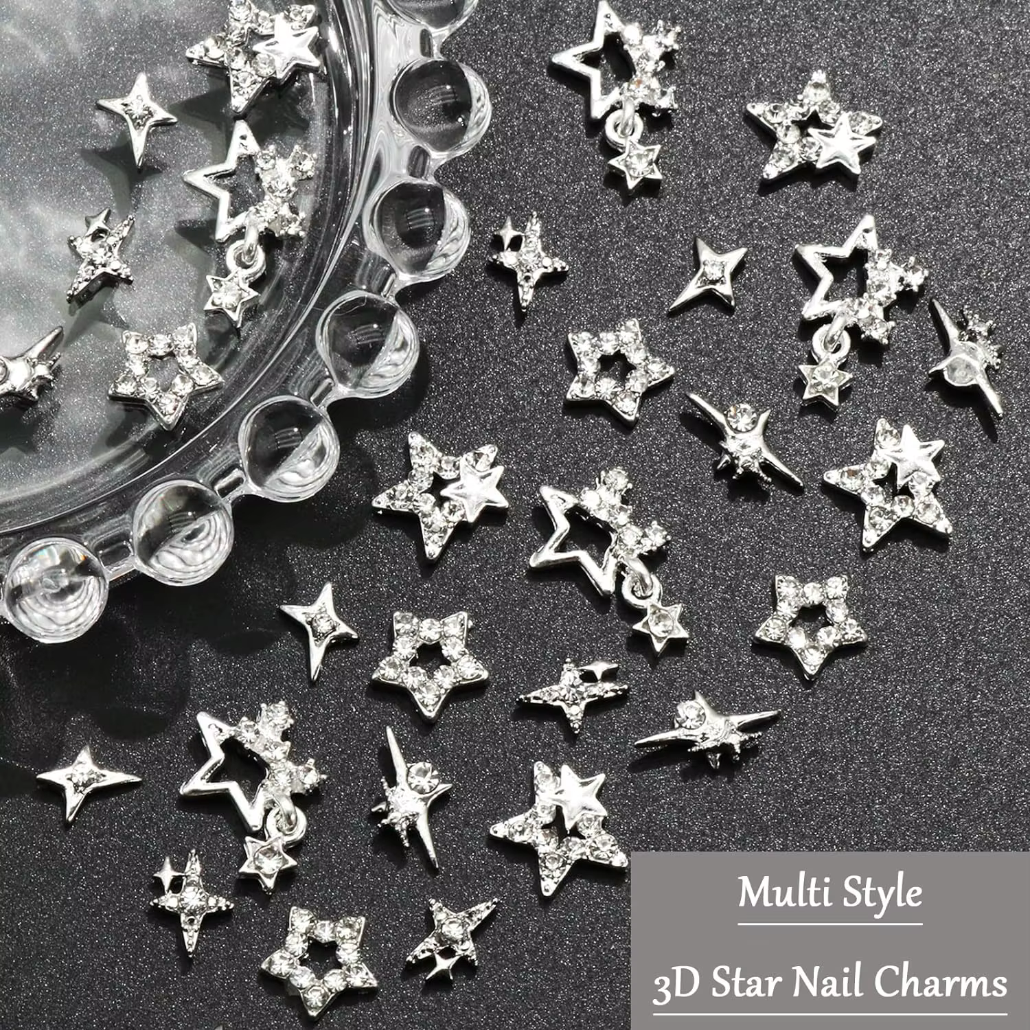 Breloques pour ongles en forme d'étoile argentée, 30 pièces, étoiles 3D brillantes, gemmes pour ongl