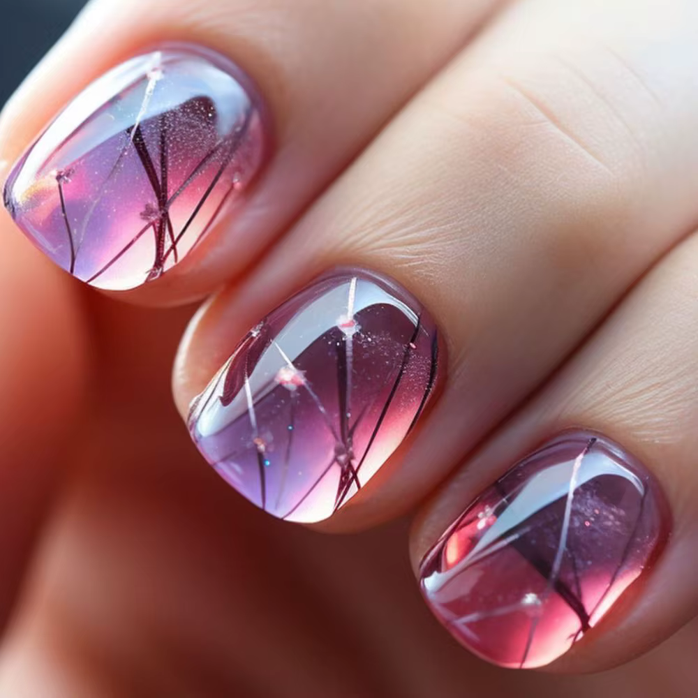 Faux ongles courts et ronds, 24 pièces, bleu français, perle de Rotterdam kling, blanc ondulé, cœur 
