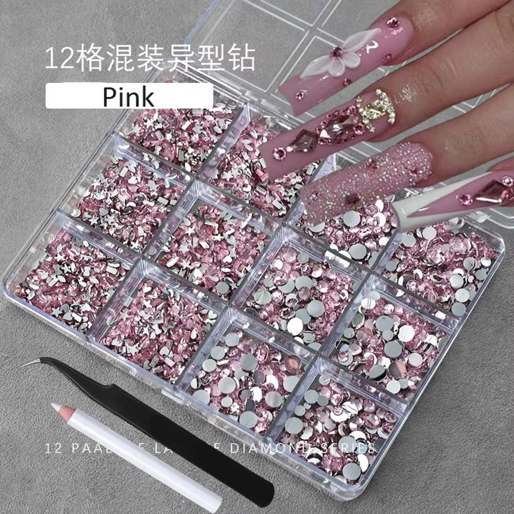 12 grilles 3D Champagne or Nail Art strass multi-formes Flatback cristal diamant breloques pour ongl