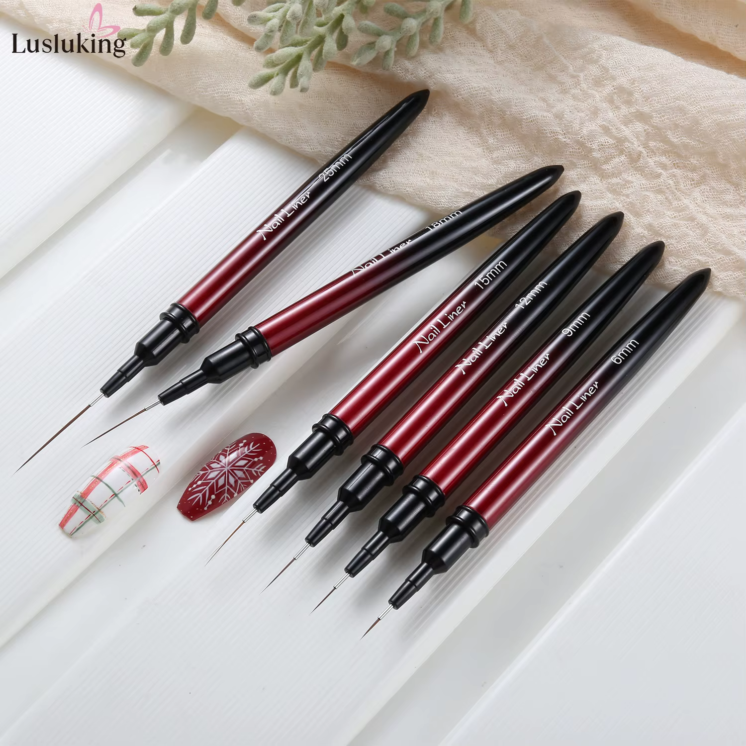 Ensemble de pinceaux pour revêtement d'art des ongles, brosses à rayures noires et rouges, 6/9/12/15