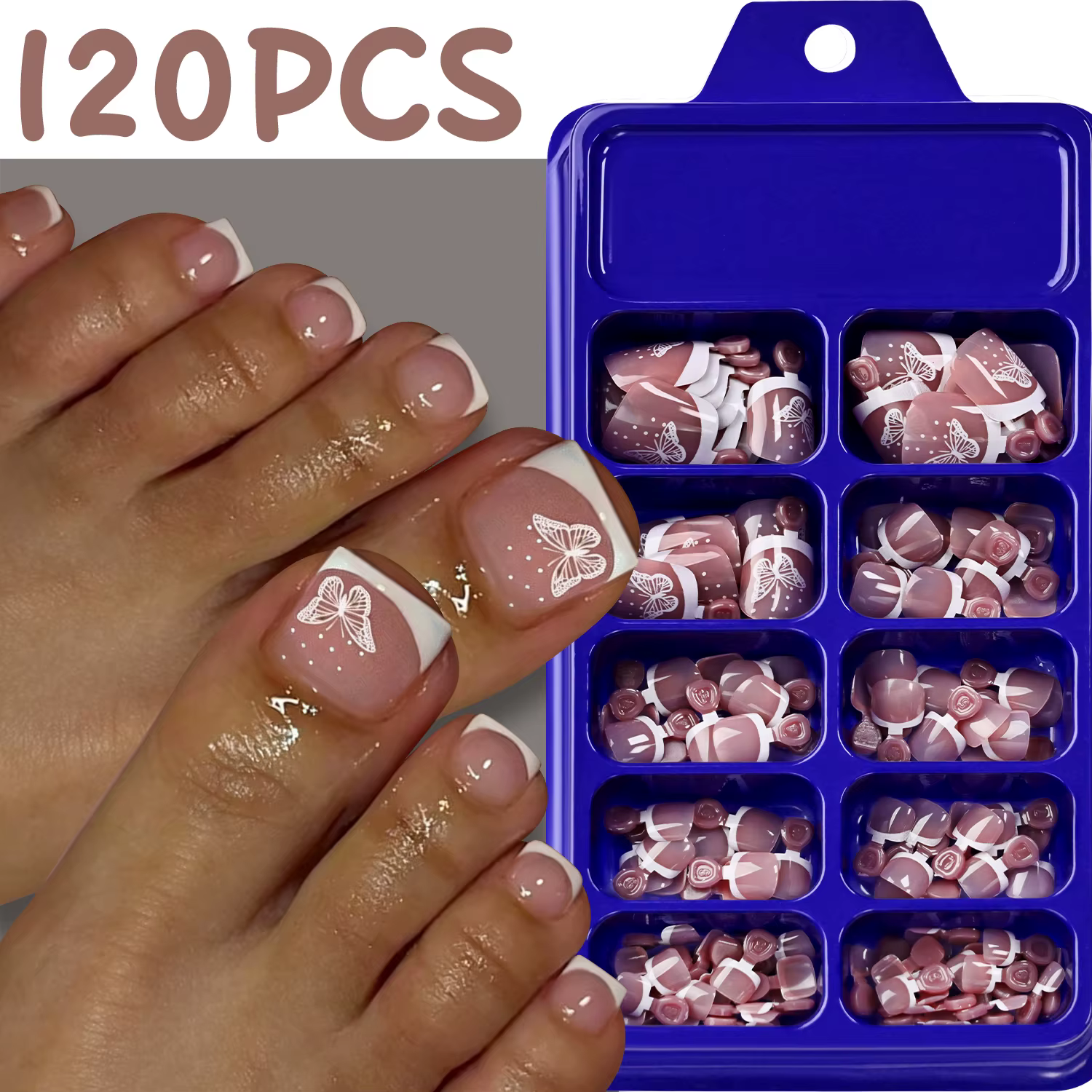 120 faux ongles de pieds carrés courts brillants style français papillon, 12 tailles, à presser, cou