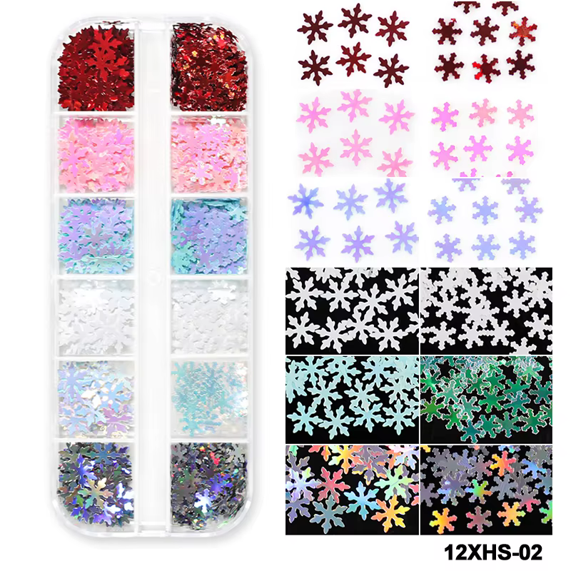 Paillettes de sirène pour Nail Art, 12 grilles AB, flocons blancs irisés, érable, papillon de neige,