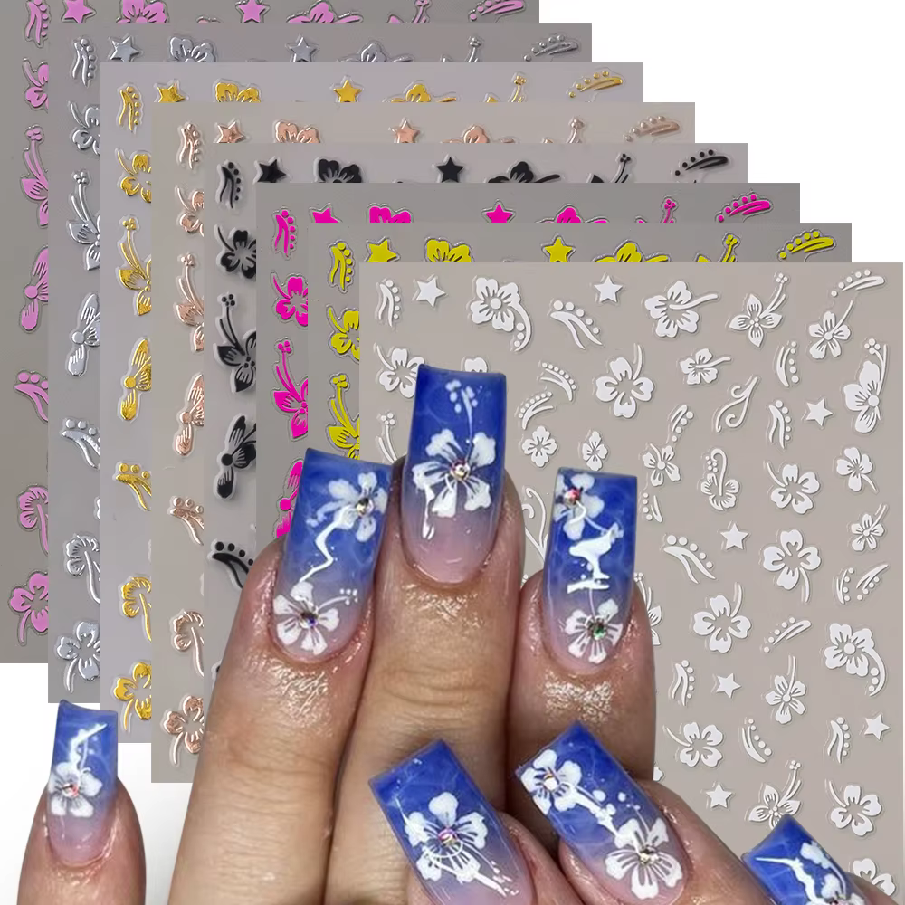 Autocollant 3D fleurs d'hibiscus pour ongles, 1 pièce, pétales de fleurs blancs et noirs, décalcoman