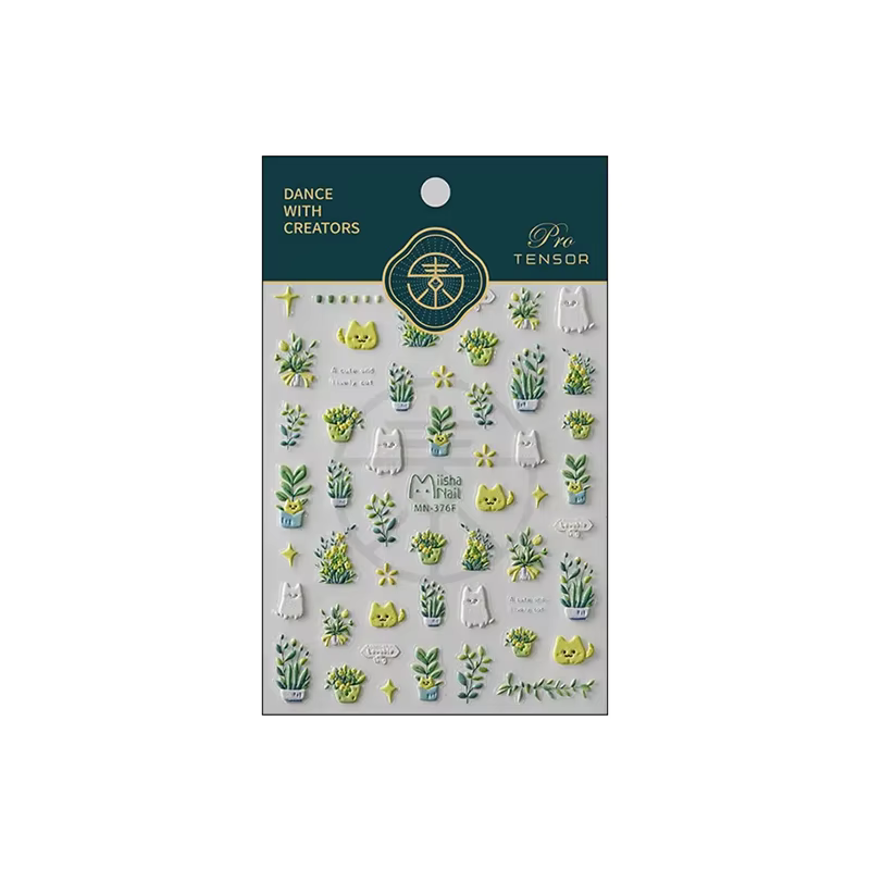 Autocollants pour ongles, 1 pièce, joli chat vert, plante en pot, fleurs, Reliefs 5D, autocollants a