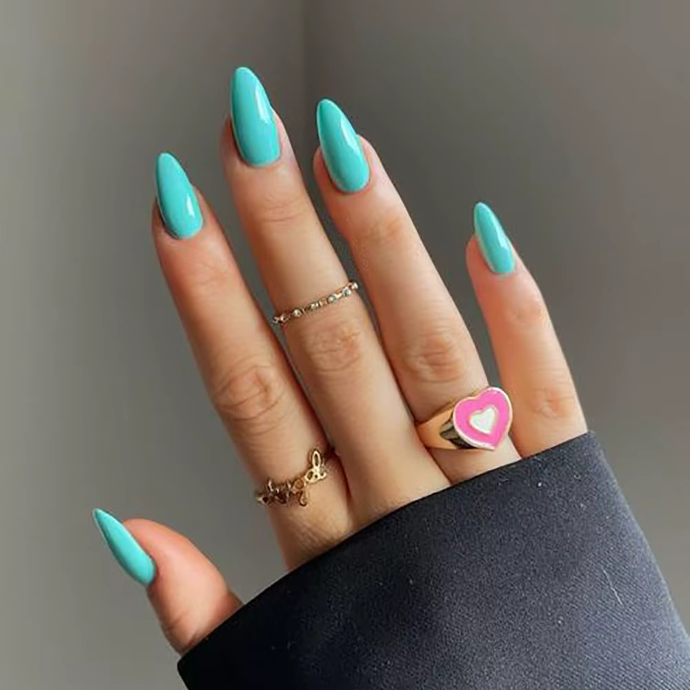 24 faux ongles bleus en forme de ballerine, motif papillon bleu, décoration à motifs de fleurs bleue
