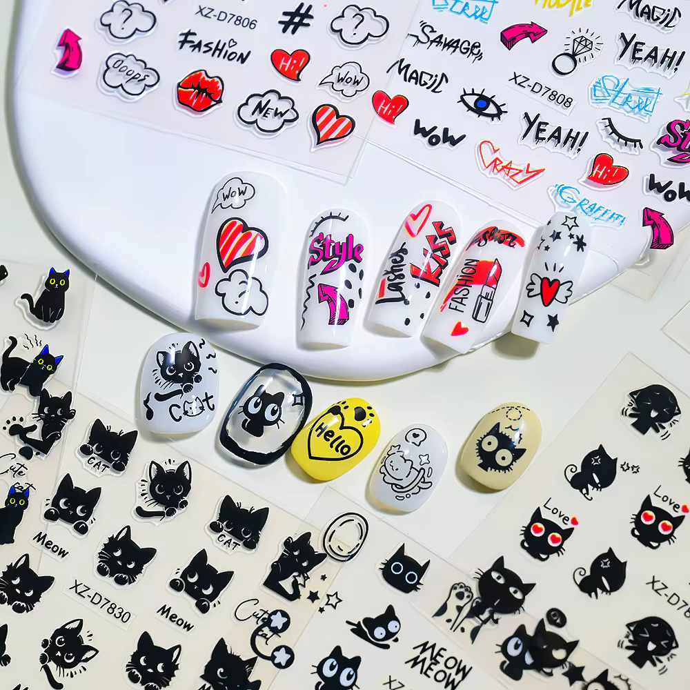 30 pièces/ensemble 3D dessin animé chat Nail Art autocollants noir Graffiti Animal arc étoile coeur 
