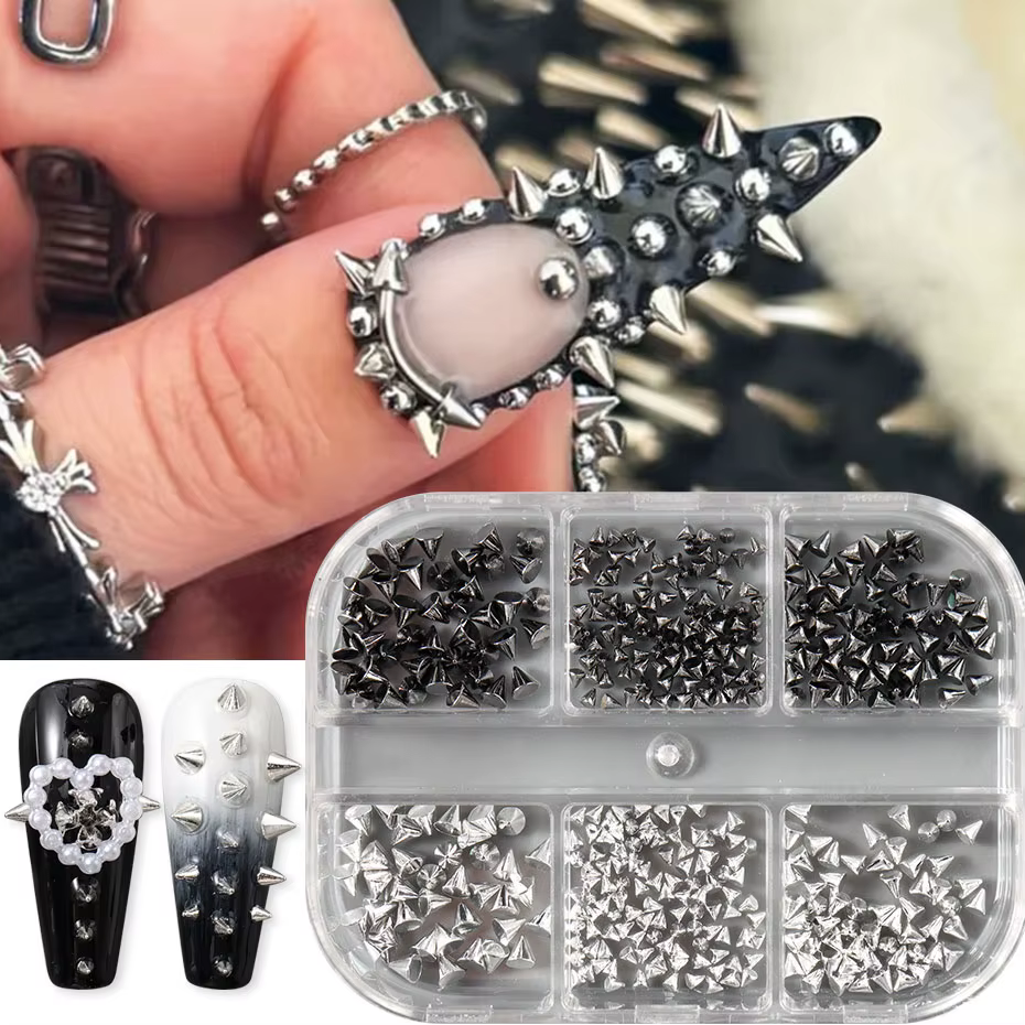 Breloques à Ongles en Forme de Cône D.lique, 6 Grilles, Noir, Argent, 1.5-3.5mm, Punk, Or, Rivet, Po