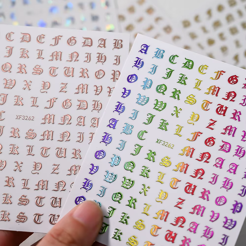 3D paillettes gothique lettre Design Nail Art autocollants majuscules Alphabet lettres conceptions a