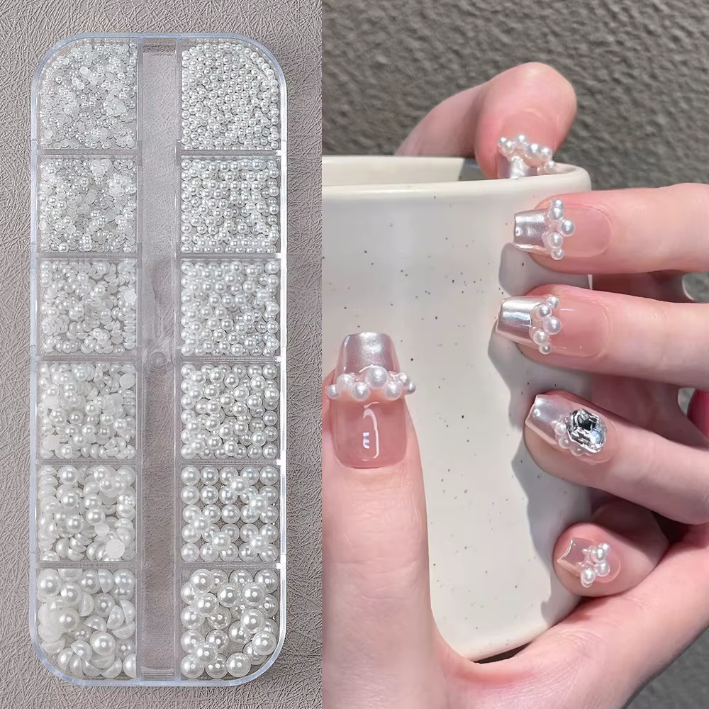 12 grilles 3D perles blanches mélangées breloques pour ongles 0.15-0.5mm perles rondes/demi-cercle N