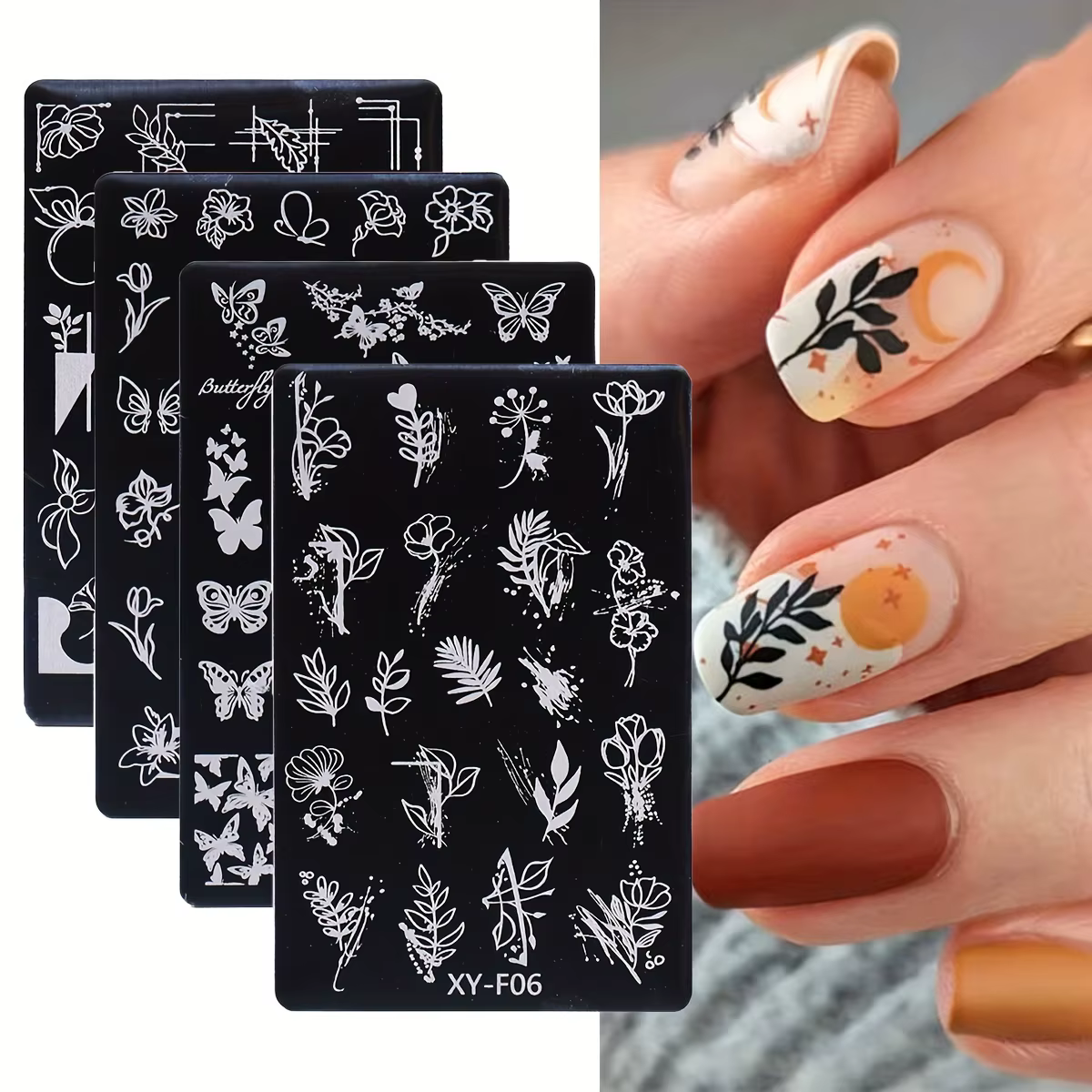 Plaque d'estampage pour Nail Art, feuilles de fleurs simples, cadre Floral papillon, Image géométriq