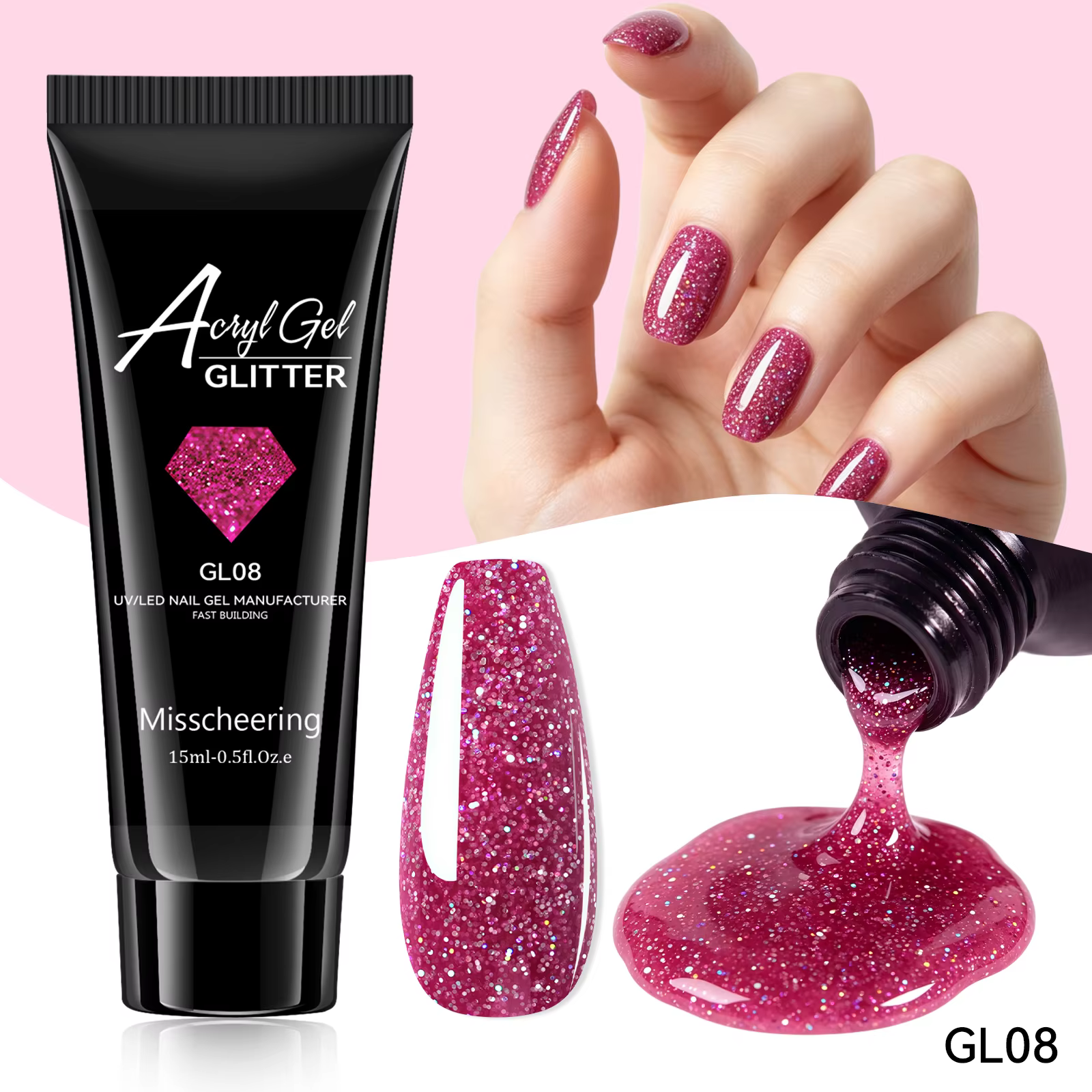 Misscheering Gel Acrylique Pailleté 15ml pour Extension d'Ongles, Gel de Construction Rapide UV LED