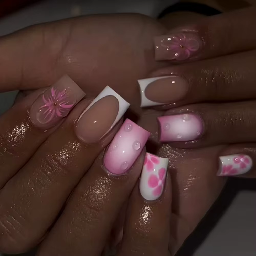CS 3D gelnail fait des fleurs carrées pointe française presse sur les ongles ajustement moyen parfai