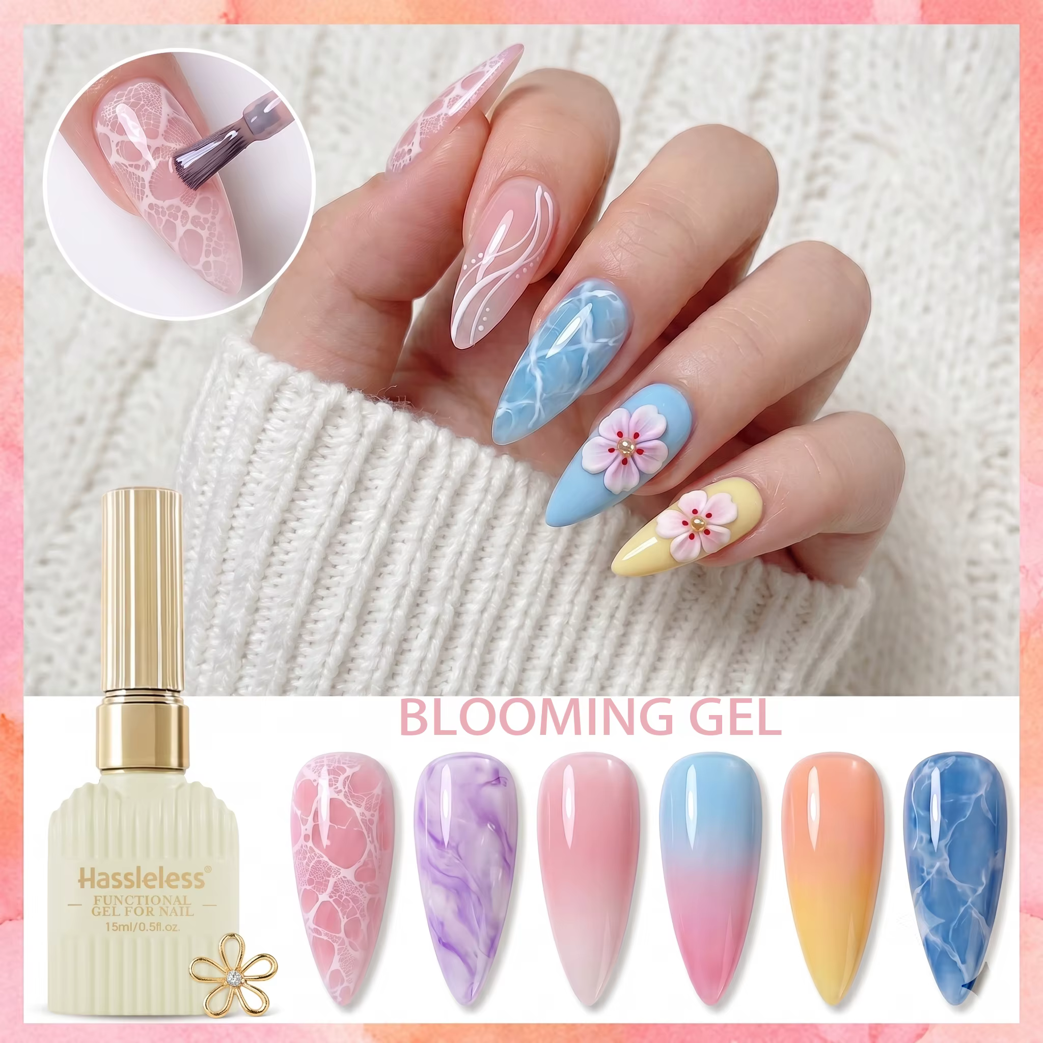Gel Blooming Hassleless 15ml, durcissement UV/LED, formule à retirer par trempage, crée facilement d