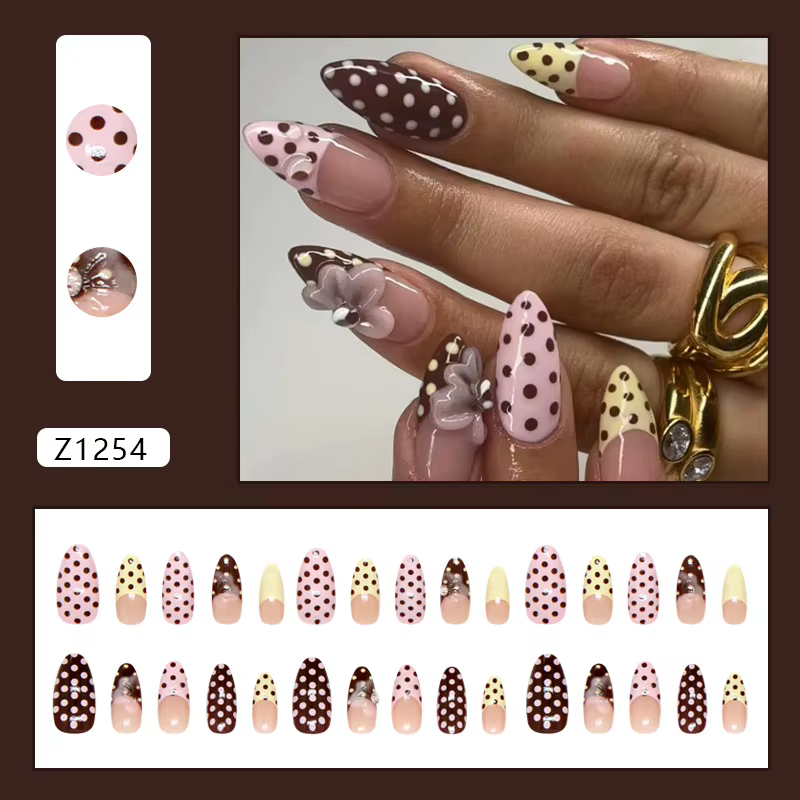 Faux ongles à presser en amande, rose crème, motif pois français, fleurs 3D et bulles, style doux et