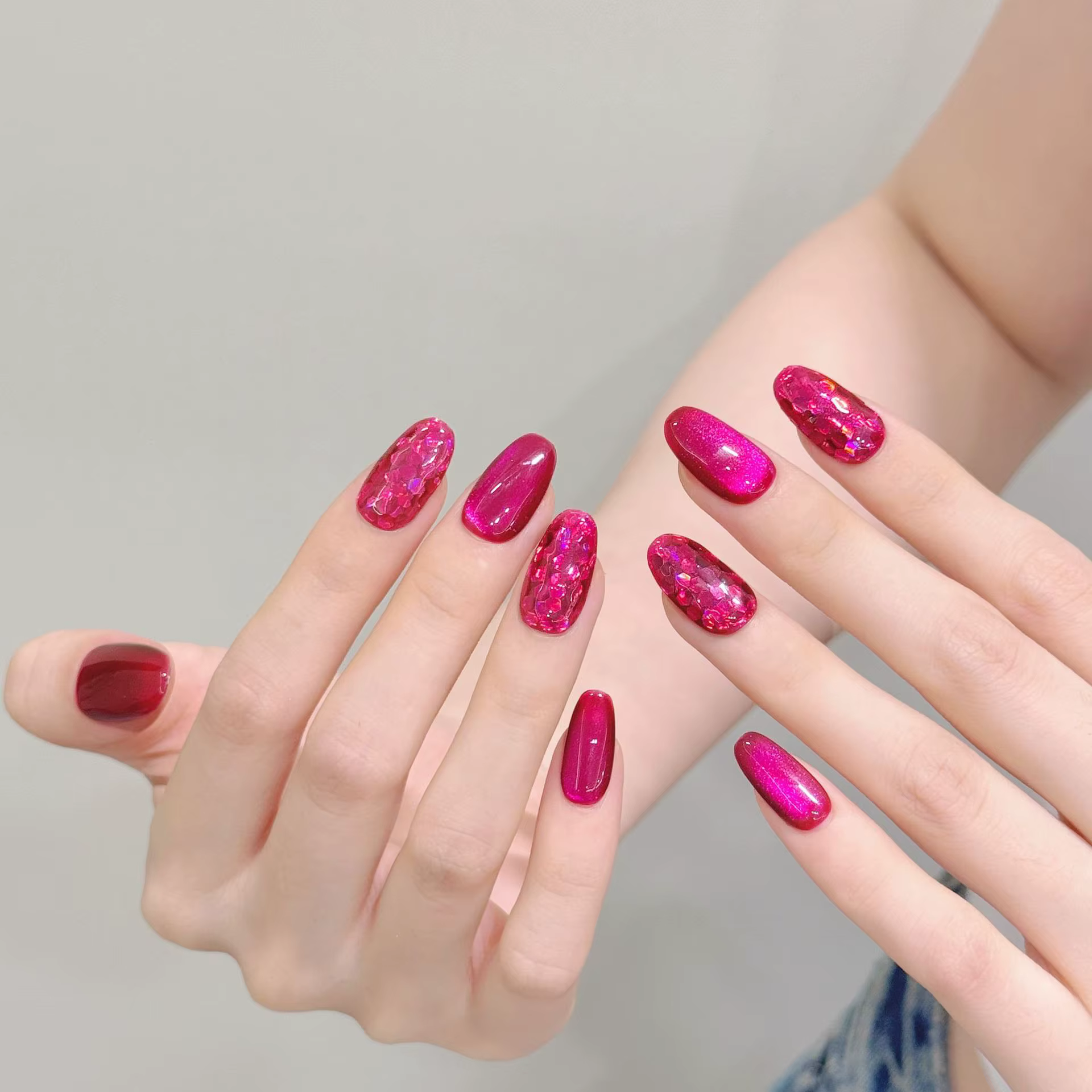 10 pièces Rose rouge oeil de chat presse sur ongles solide Pitaya couleur amande à la main faux ongl
