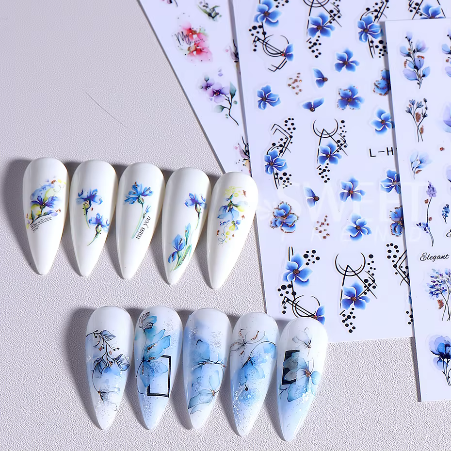 Autocollants pour ongles, 12 pièces, géométrie 3D, feuille de fleur, encre d'été, fleurs en fleurs, 