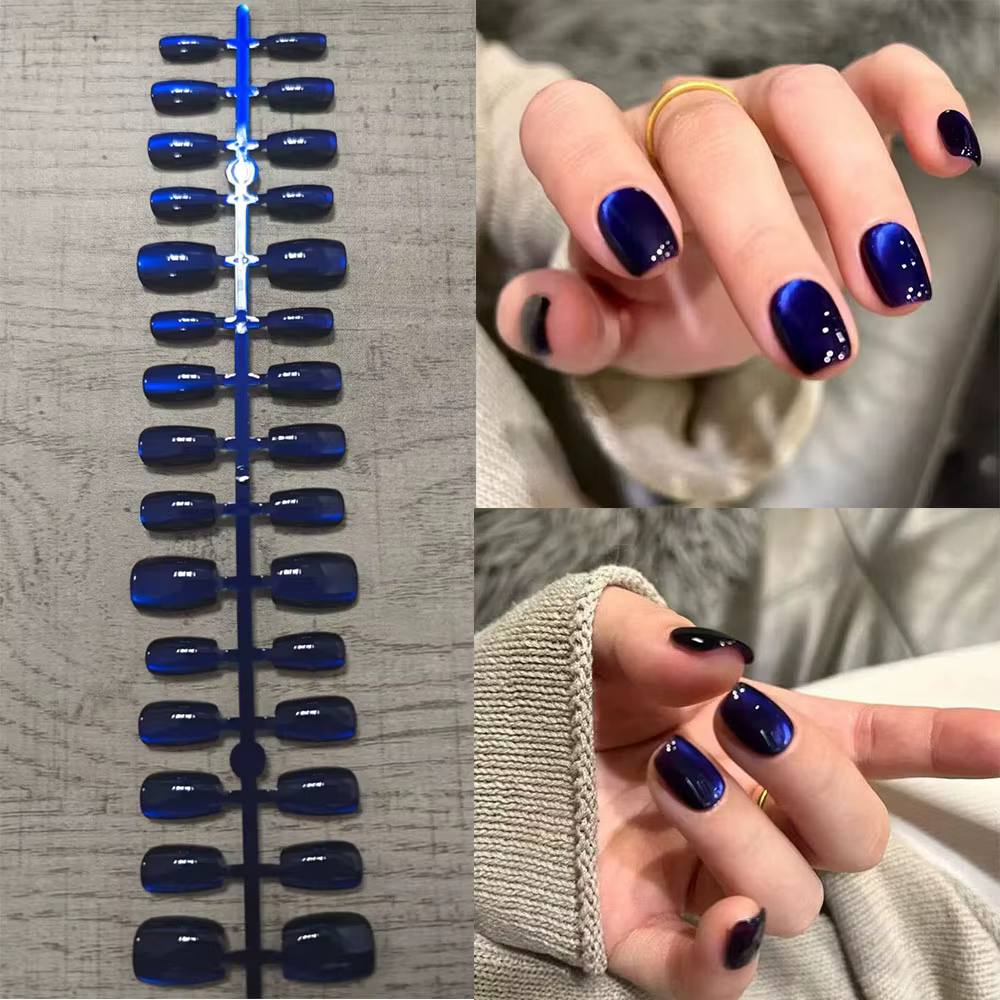 30 pièces oeil de chat bleu portable presse sur ongles court carré couverture complète faux ongles B