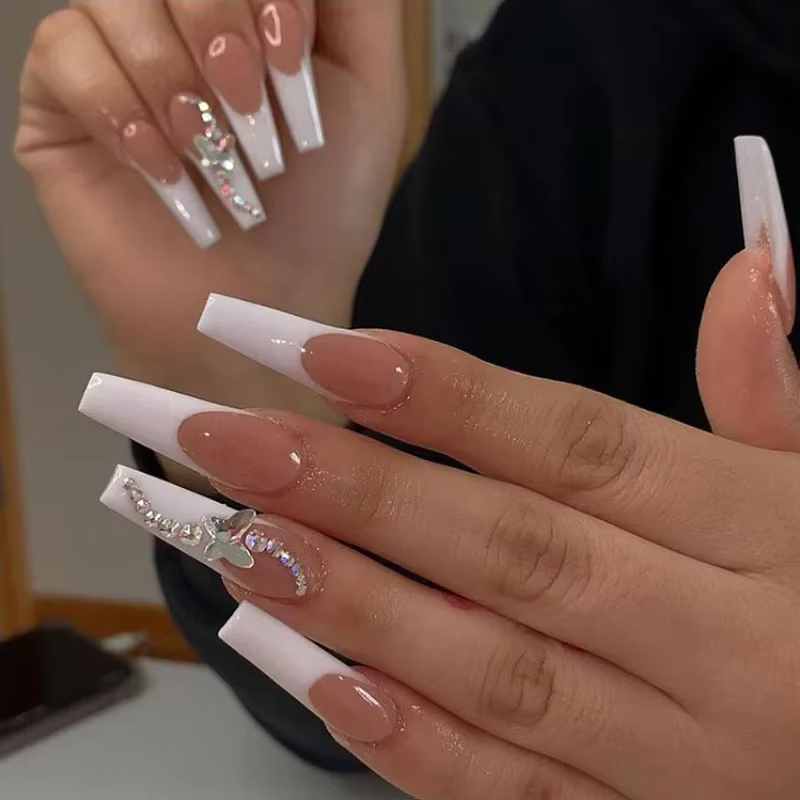 Ensemble de Faux Ongles Réutilisables N64.Blush, Trois Diamants, Longs T, Nude, Rose, Paillettes, Ba