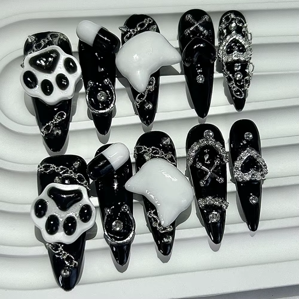 Faux ongles à presser faits main Kawaii Y2K Gyaru noir et blanc à pointe longue, style Jirai Kei, av