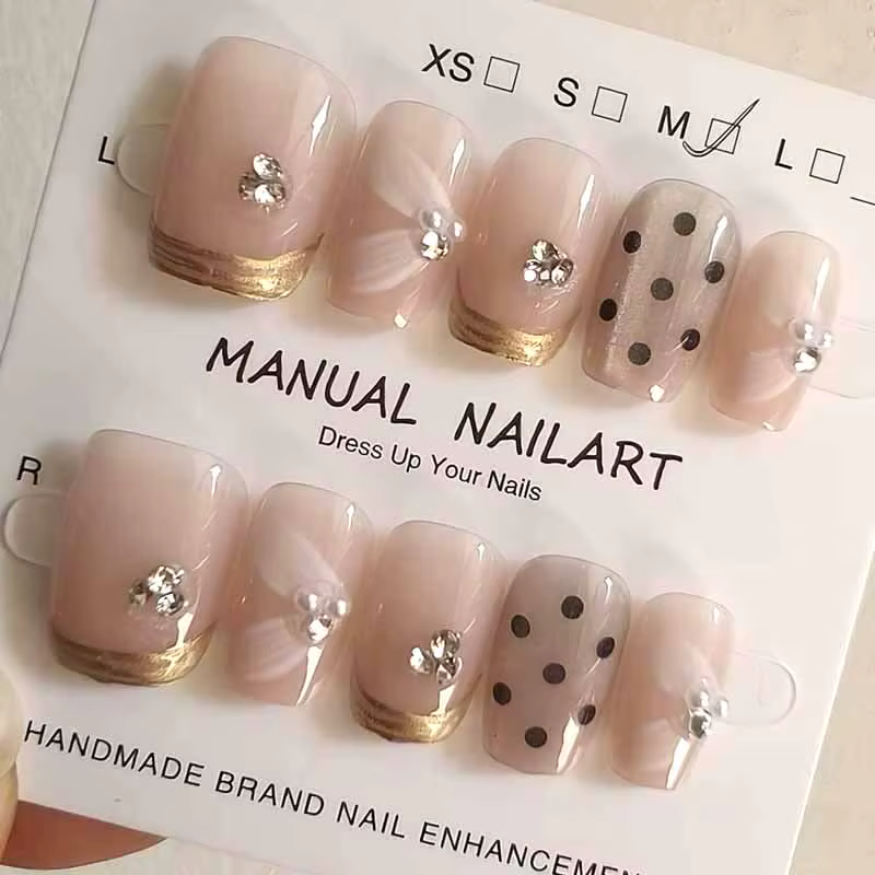 10 pièces à pois avec diamants fait à la main utilisable presse sur les ongles couverture complète o