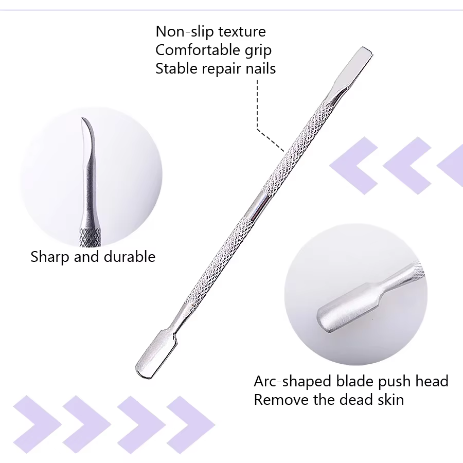 Dissolvant de cuticules en acier inoxydable, Double face, doigt, peau morte, poussoir de cuticules,