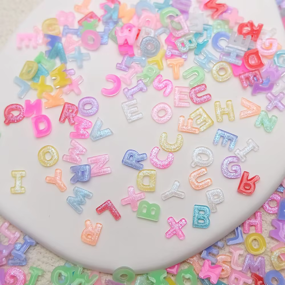 Breloques pour Nail Art, mélange de lettres, couleur bonbon, avec paillettes, résine, strass, Kawaii