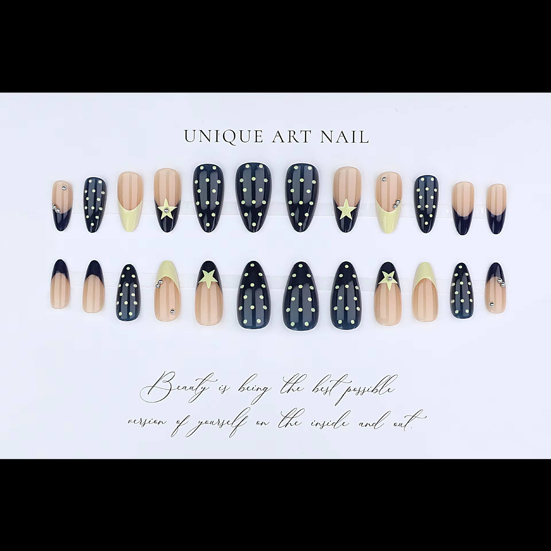 Faux ongles français jaunes à pression bleue et amande, 24 pièces, étoile à cinq branches/à pois imp
