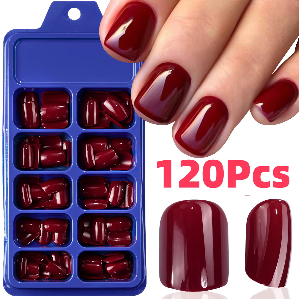 Faux ongles carrés courts rouges, 120 pièces, couverture complète brillante d'été, à pression sur le