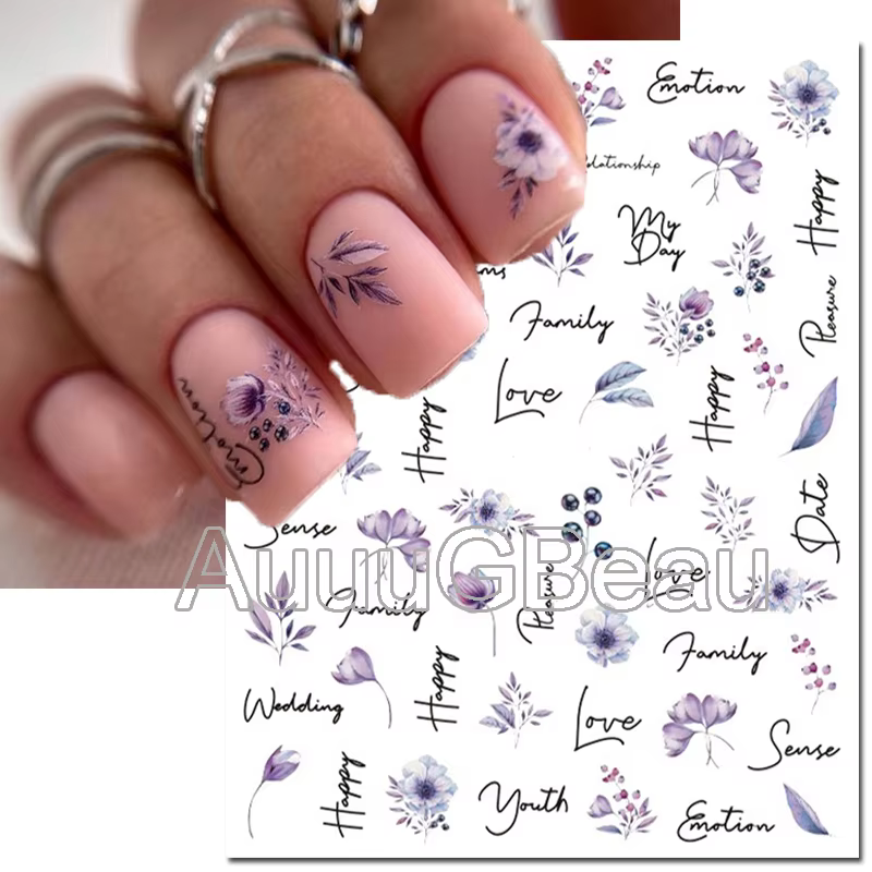 Autocollants 3d pour Nail Art, fleurs aquarelle, violet, vert, rose, feuilles, fruits, curseur adhés