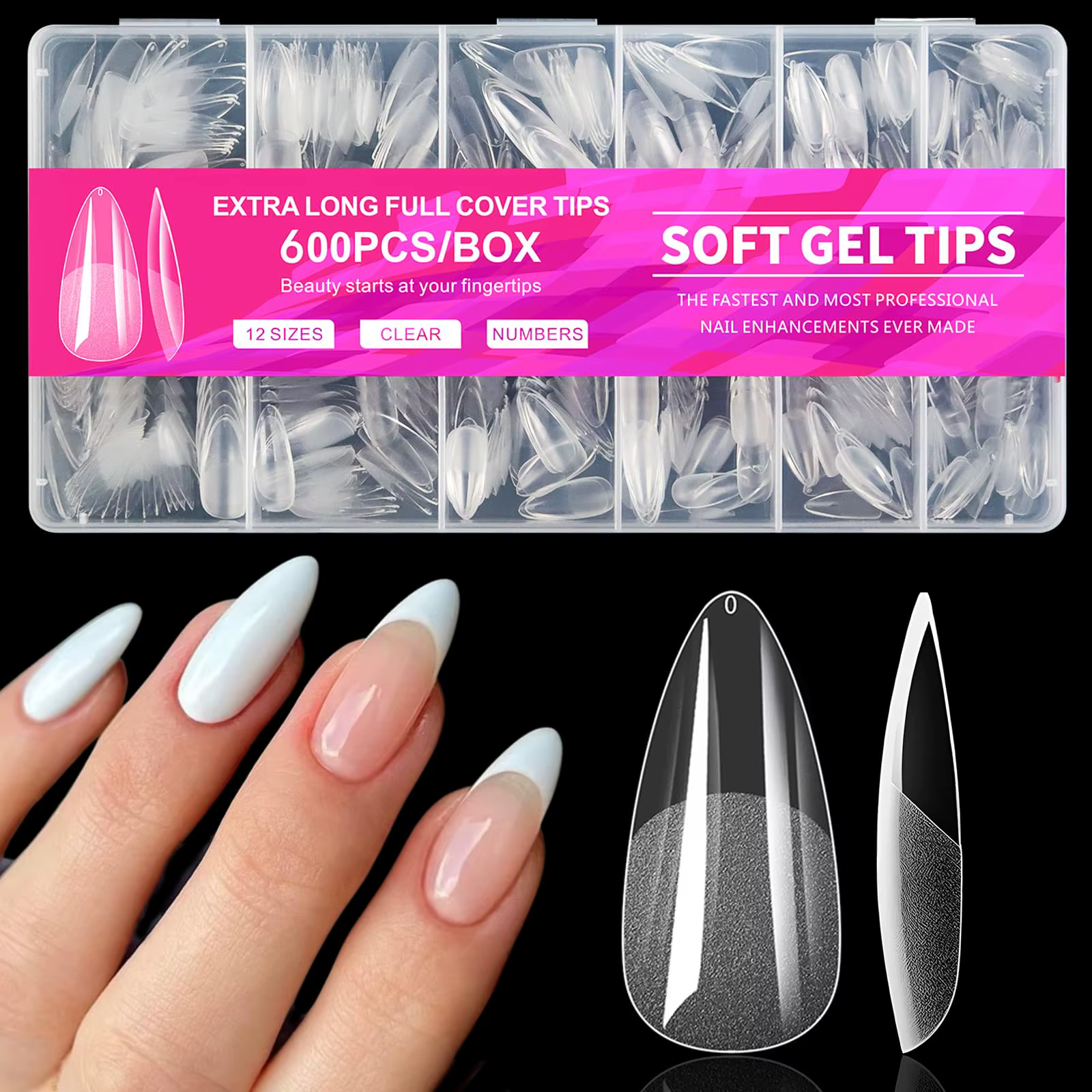 600 faux ongles en forme d'amande de taille moyenne - faux ongles en gel souple en forme d'amande, e