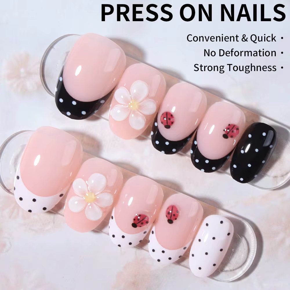24 pièces/ensemble court ovale 3D gel fleur coccinelle conception à pois pointe française presse sur