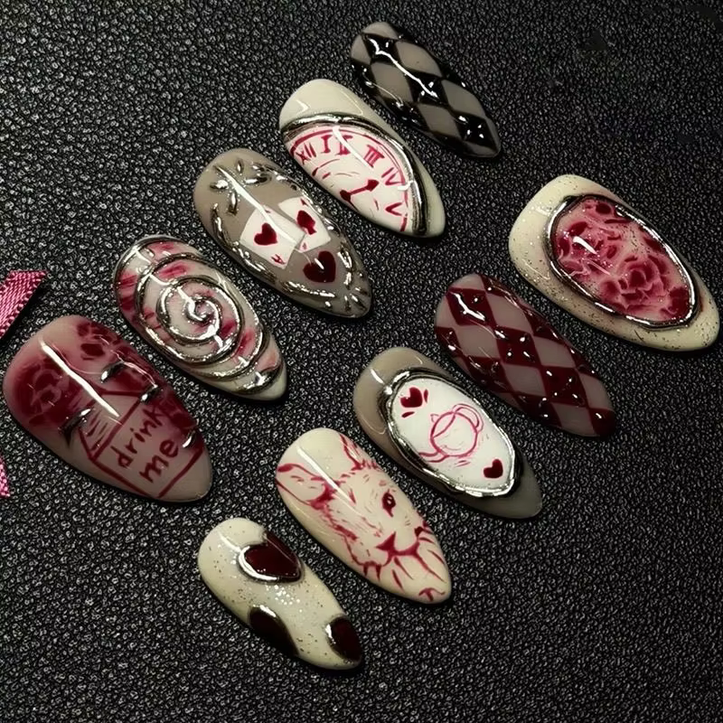 24 faux ongles gothiques Dark Fairy, motif rose français et damier, à presser, courts, forme amande,