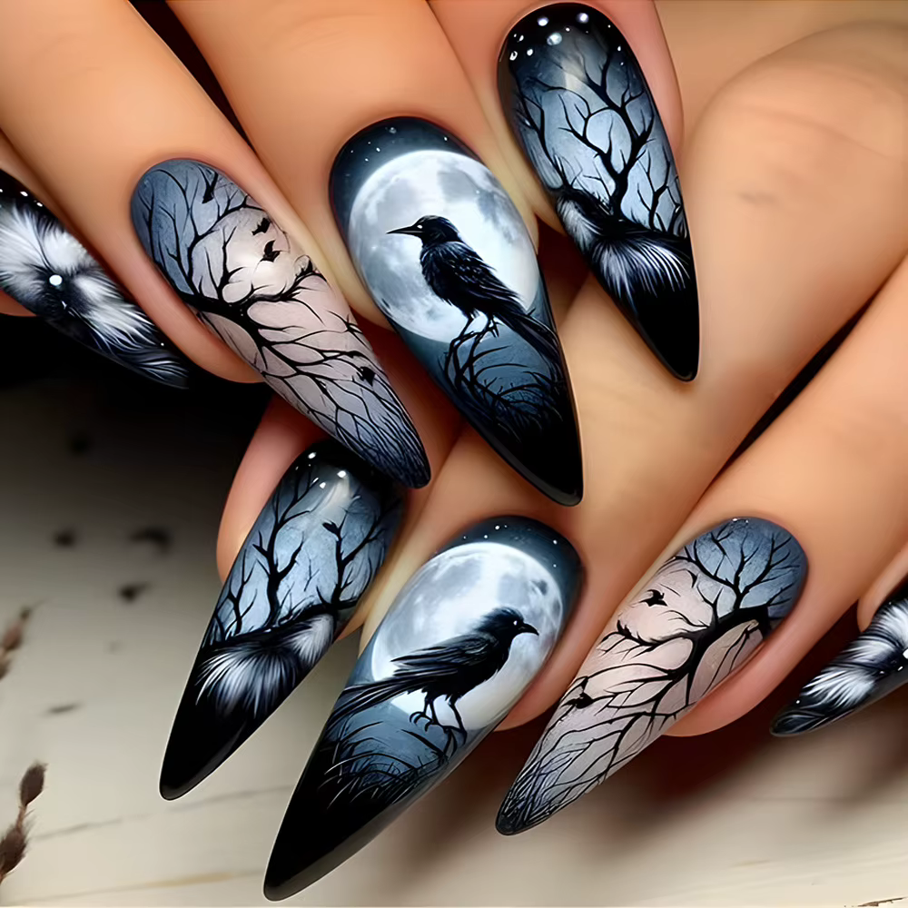 Faux ongles en amande de Style français, 10 pièces, anges de l'enfer, thème d'halloween foncé, à pre