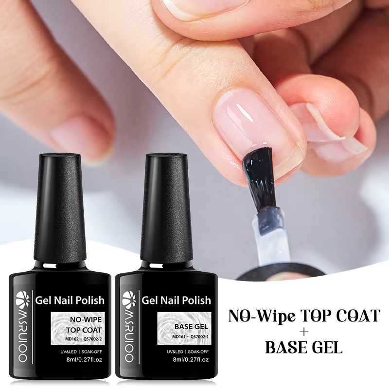 Lot de 2 vernis à ongles semi-permanents 8ml : Base Gel et Top Coat sans résidu, rehausseur de desig
