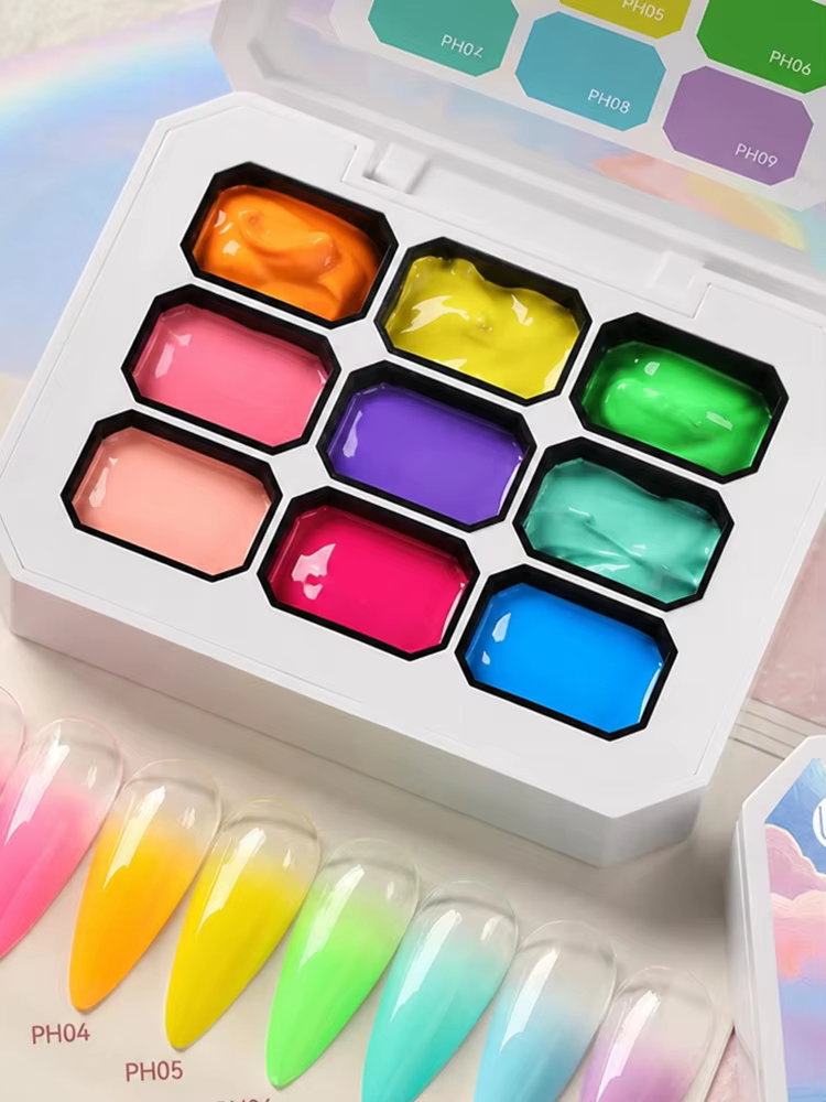 Gel de Peinture pour Ongles 9 Couleurs Effet Macaron Printemps-Été 4-en-1 – Gel de Stamping Dégradé 