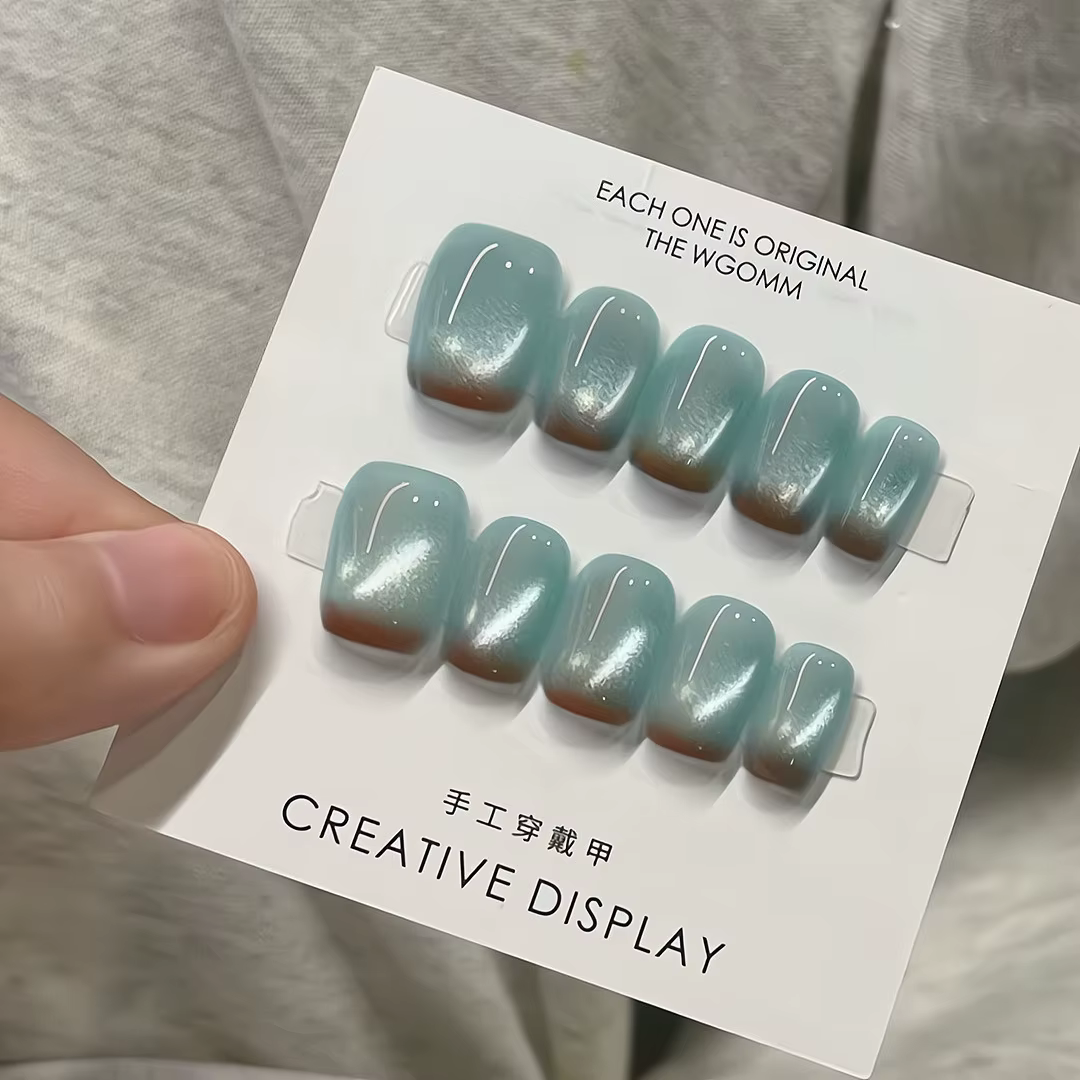 10 pièces ongles faits à la main élégant minimaliste doux et audacieux marron-bleu Ombre oeil de cha
