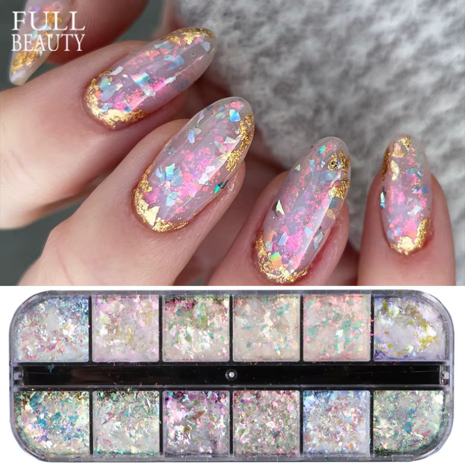 12 grilles irisées pour ongles, aurore, paillettes de cristal, flocons de feu, holographiques scinti