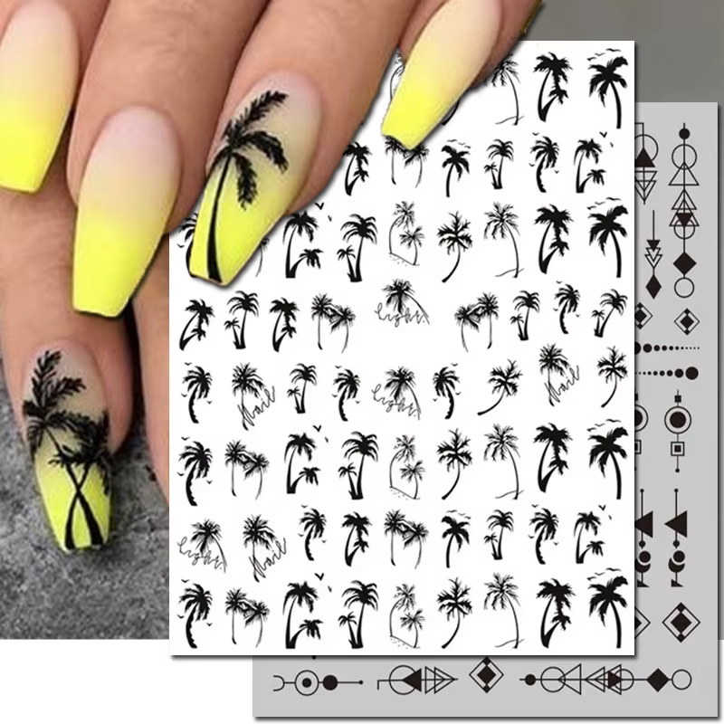 Autocollants 3d pour Nail Art, lignes géométriques, cocotier, palmiers, feuilles, fleurs, curseur ad