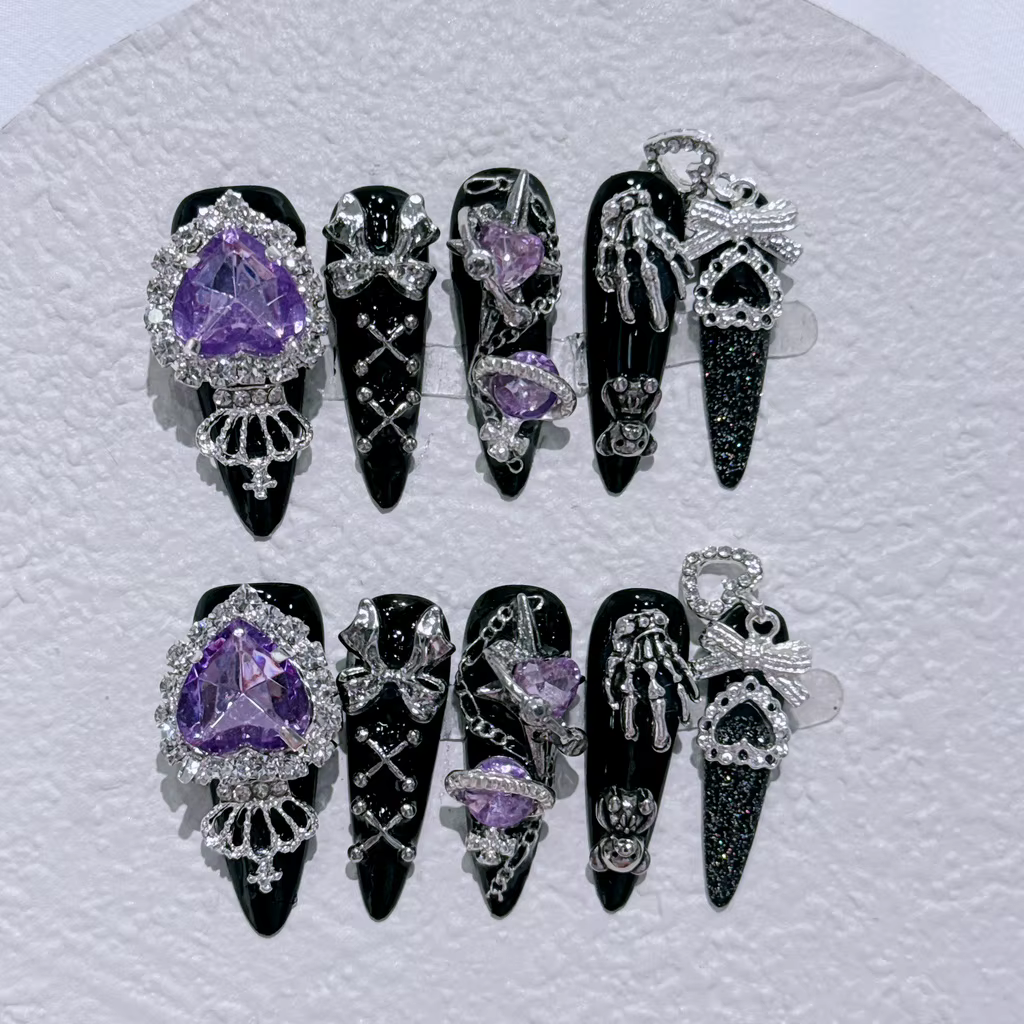 Japonais Menhera Luxe Long Tips Presse Sur Les Ongles y2k Spice Girls Noir Fait Main Nail Bear Arc C