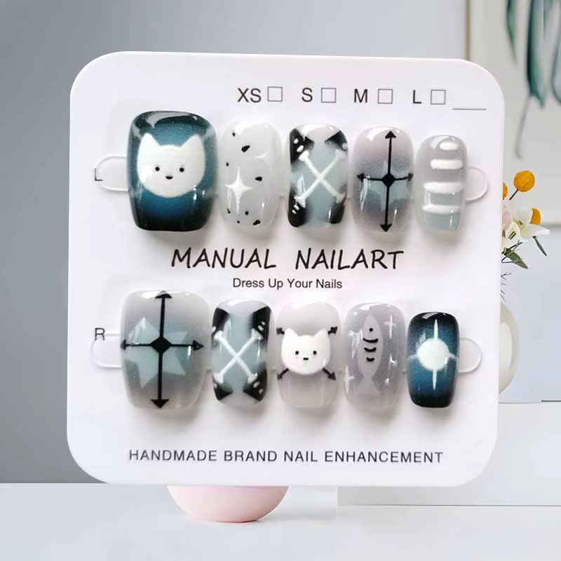 10 pièces dessin animé mignon chat noir bleu gris géométrie à la main presse sur les ongles tête car