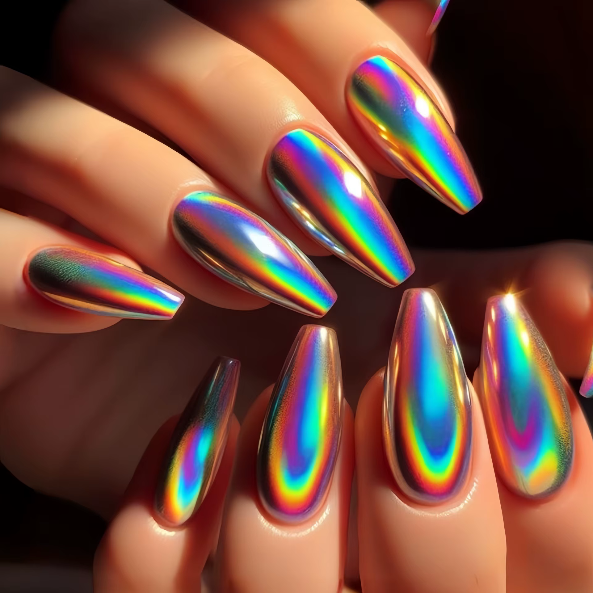 Faux ongles mi-longs holographiques, dégradé marron doré, couleurs aurora, forme goutte d'eau, style