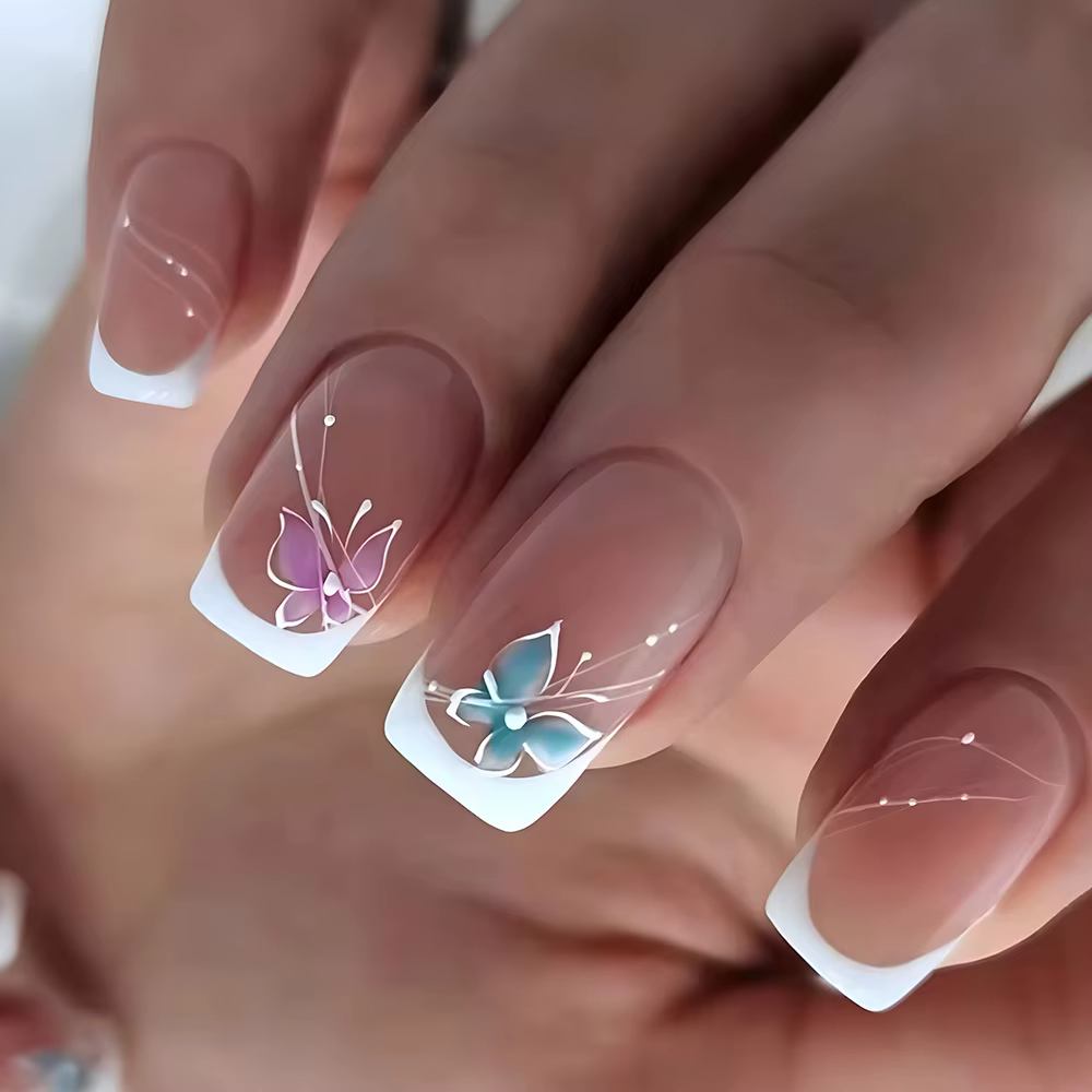 Faux Ongles Courts à Presser pour la Saison Printemps Été, 50 Styles de Fleurs, Papillon, Pointes d'