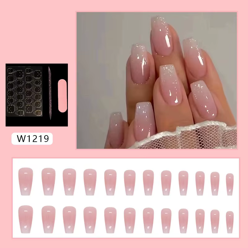 Faux ongles à presser de taille moyenne, style ballet, rose dégradé, pailletés, brillants, doux, amo