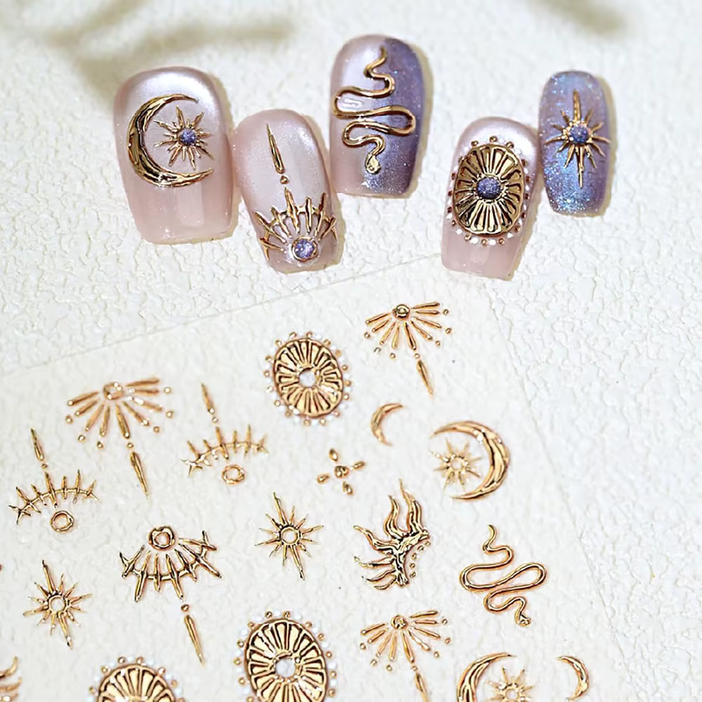 Autocollants pour ongles étoiles serpent or argent, décalcomanies de décoration d'ongles 5D auto-adh
