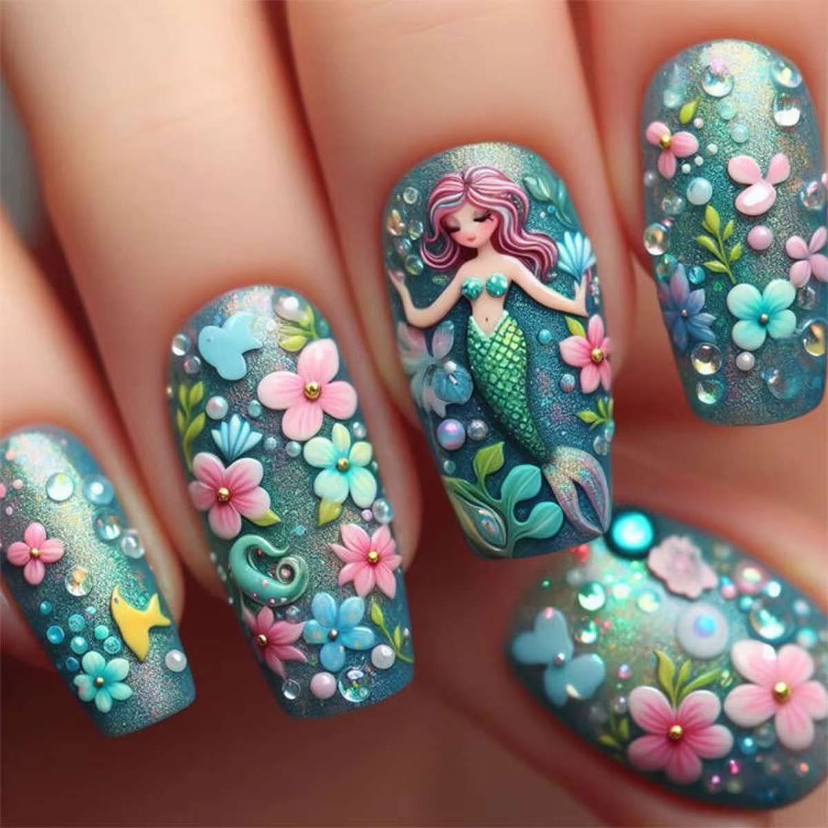 Faux ongles mi-longs pour femmes, dégradé violet ou vert, motifs fleurs, sirène ou papillon, couvert
